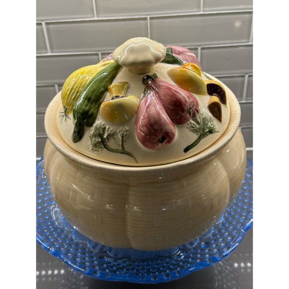 Vintage Ceramic Covered 9” Vegetable/Serving Bowl- Mushrooms, Onions, Eggplant
